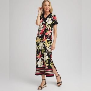 Chico's Black Midi Dress with Pink, Cream and Yellow Floral Print